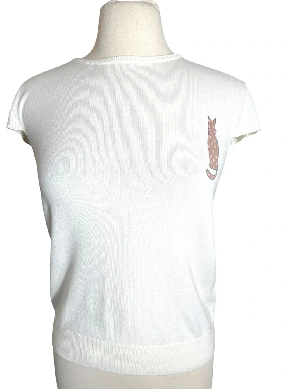 New TOPSHOP Cat Design Cap Sleeve Knit Top SZ M Cream